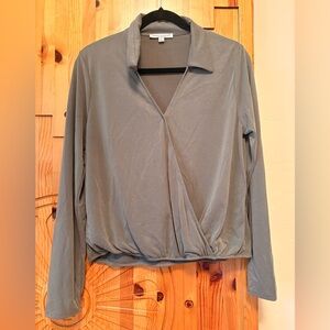 Green Envelope Gray Wrap-Front Long Sleeve Top